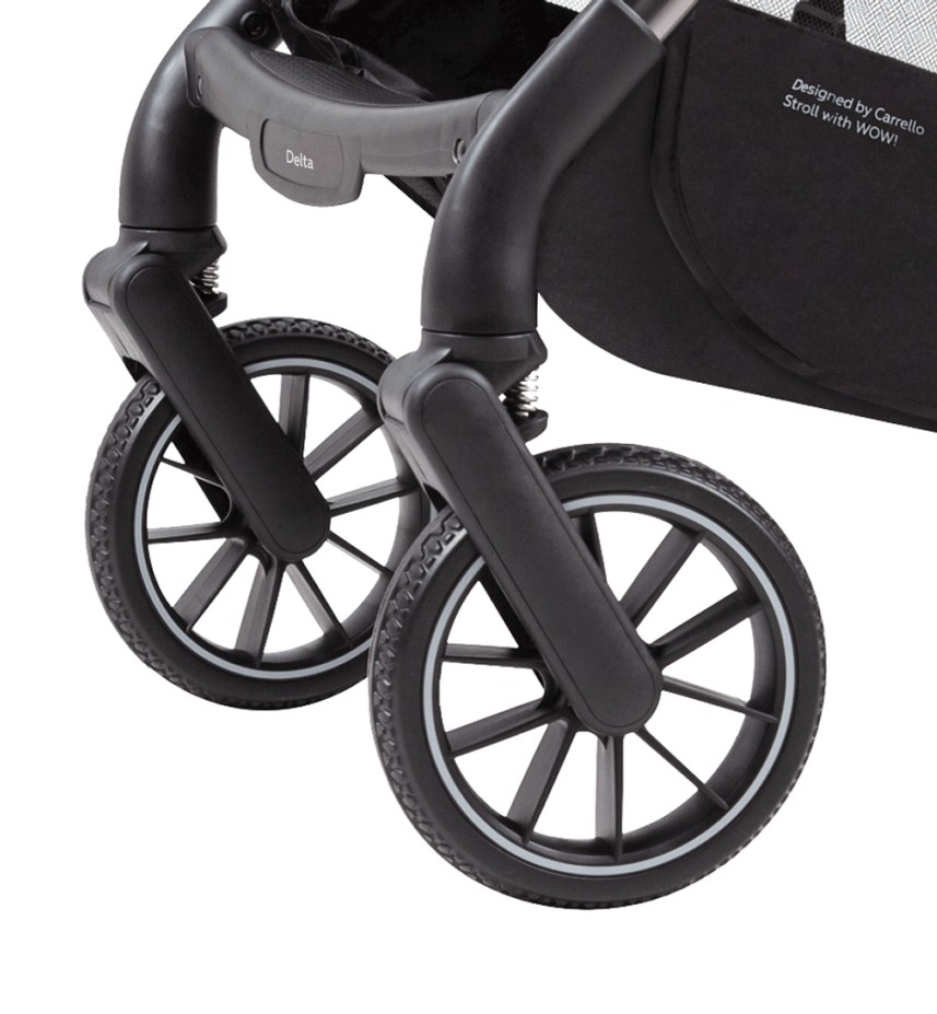 Прогулочная коляска Delta ANIM Передние колёса поворотные на 360°, оборудованы амортизацией.